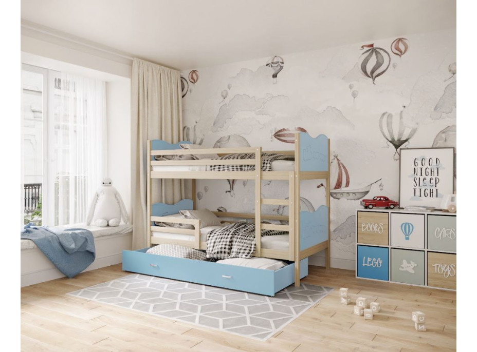 Dětská patrová postel se šuplíkem MAX R - 160x80 cm - modrá/borovice - vláček