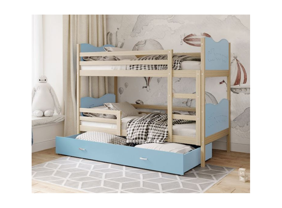 Dětská patrová postel se šuplíkem MAX R - 200x90 cm - modrá/borovice - vláček