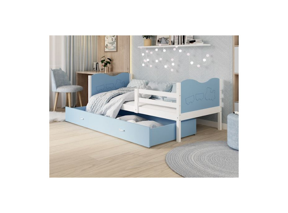 Dětská postel se šuplíkem MAX S - 160x80 cm - modro-bílá - vláček