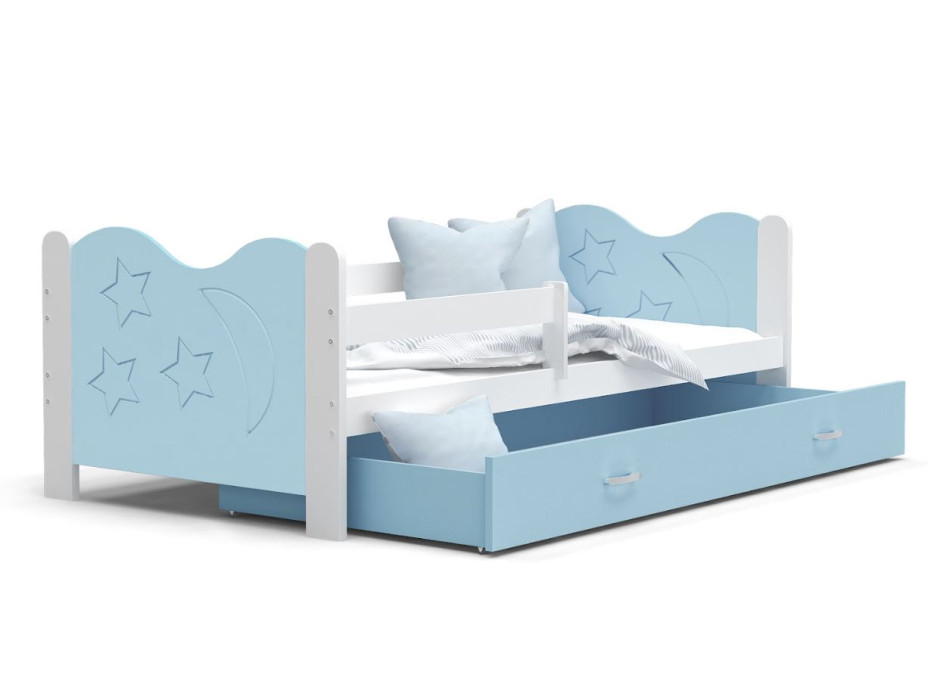 Dětská postel se šuplíkem MIKOLÁŠ - 160x80 cm - modro-bílá - měsíc a hvězdičky