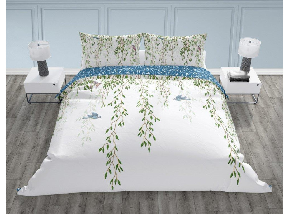 Bavlněné povlečení TRENDY Ptáčci - bílé/modré - 220x200 cm + 2x 70x80 cm