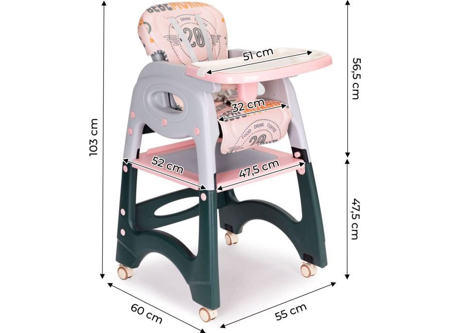 ECOTOYS Jídelní židlička 2v1 růžovo-šedá