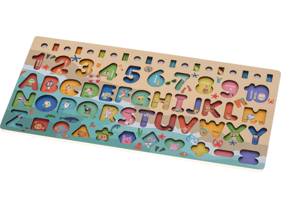 KIK Dřevěná vkládačka s abecedou, tvary, čísly a lovením rybek 3v1