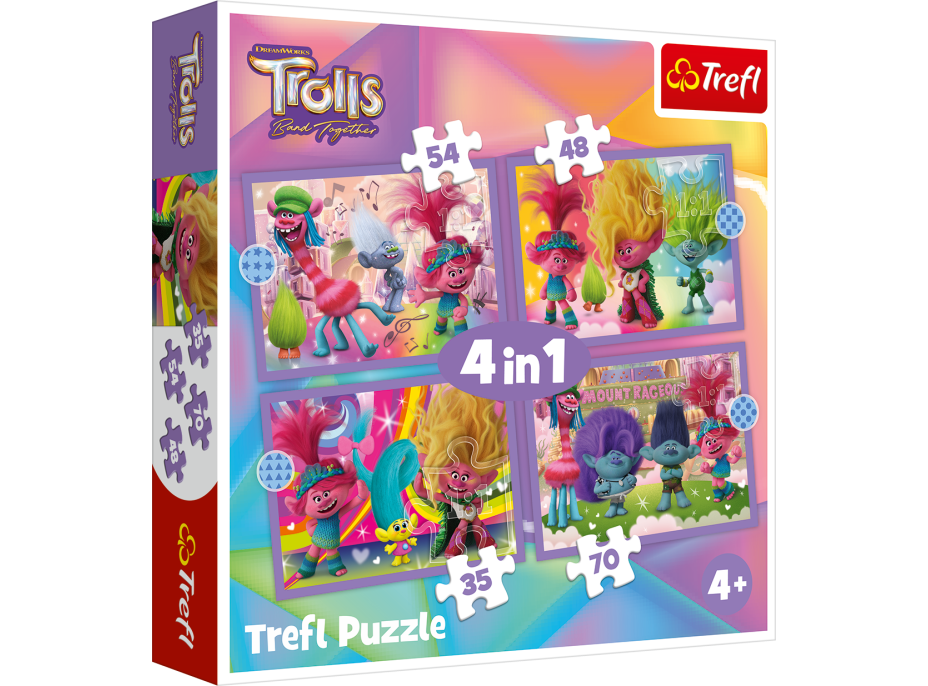 TREFL Puzzle Trollové: Barevné dobrodružství 4v1 (35,48,54,70 dílků)