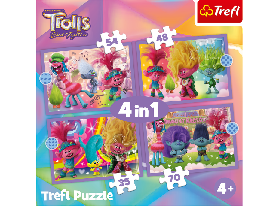 TREFL Puzzle Trollové: Barevné dobrodružství 4v1 (35,48,54,70 dílků)