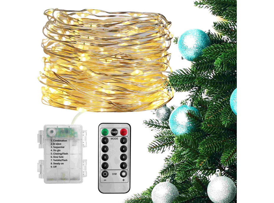 Vánoční dekorační osvětlení na drátku s dálkovým ovladačem -100 LED - teplá bílá
