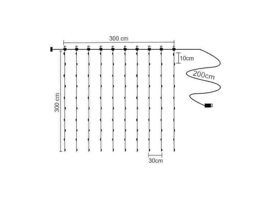 Světelný závěs na drátku s dálkovým ovladačem 3x3 m - 300 LED - teplá bílá
