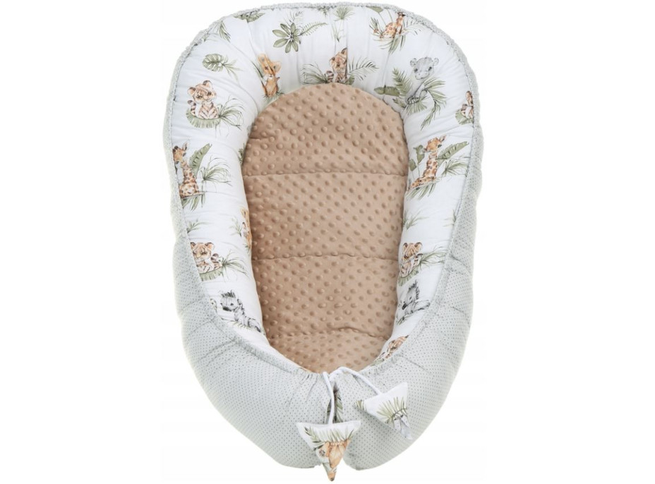 Oboustranné hnízdečko (kokon) pro miminko - BABYMAM PREMIUM set 7v1 - Africká zvířátka s béžovou minky