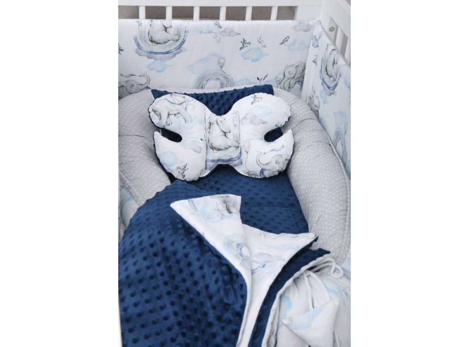 Oboustranné hnízdečko (kokon) pro miminko - BABYMAM PREMIUM set 7v1 - Modrý sloník s tmavě modrou minky