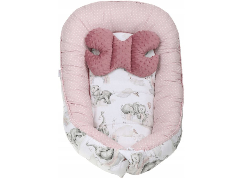 Oboustranné hnízdečko (kokon) pro miminko - BABYMAM PREMIUM set 7v1 - Růžový sloník se starorůžovou minky