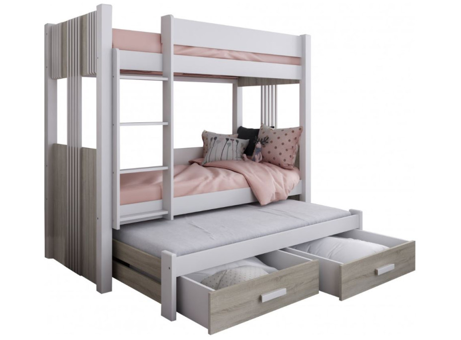 Dětská patrová postel z masivu borovice ARTEN III s přistýlkou a šuplíky - 200x90 cm - bílá/dub sonoma