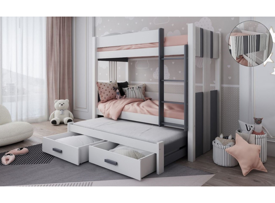 Dětská patrová postel z masivu borovice ARTEN III s přistýlkou a šuplíky - 200x90 cm - bílá/grafitová