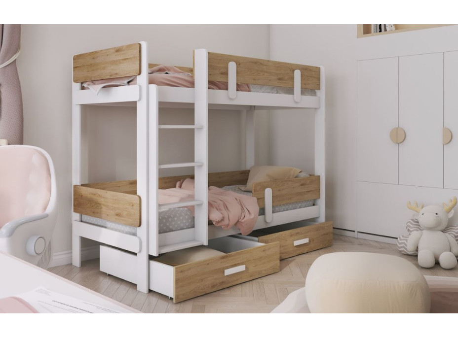 Dětská patrová postel z masivu borovice ETTORE se šuplíky - 200x90 cm - bílá/dub shetland