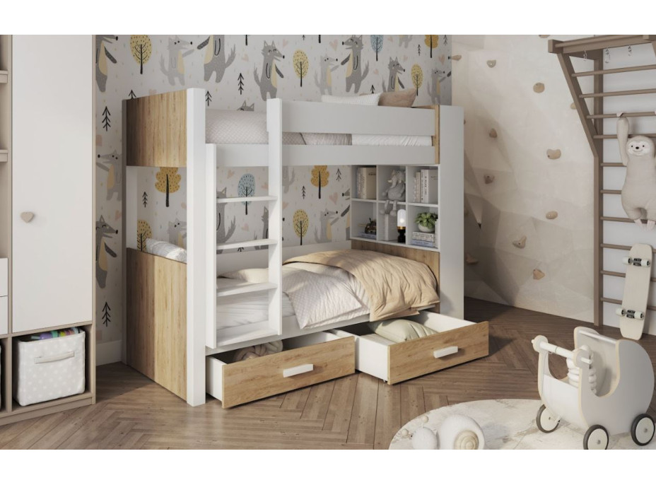 Dětská patrová postel z masivu borovice GASPAR se šuplíky a regálem - 200x90 cm - bílá/dub shetland