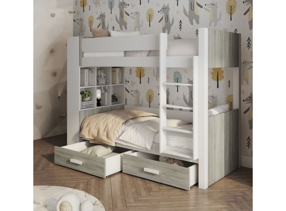 Dětská patrová postel z masivu borovice GASPAR se šuplíky a regálem - 200x90 cm - bílá/dub sonoma