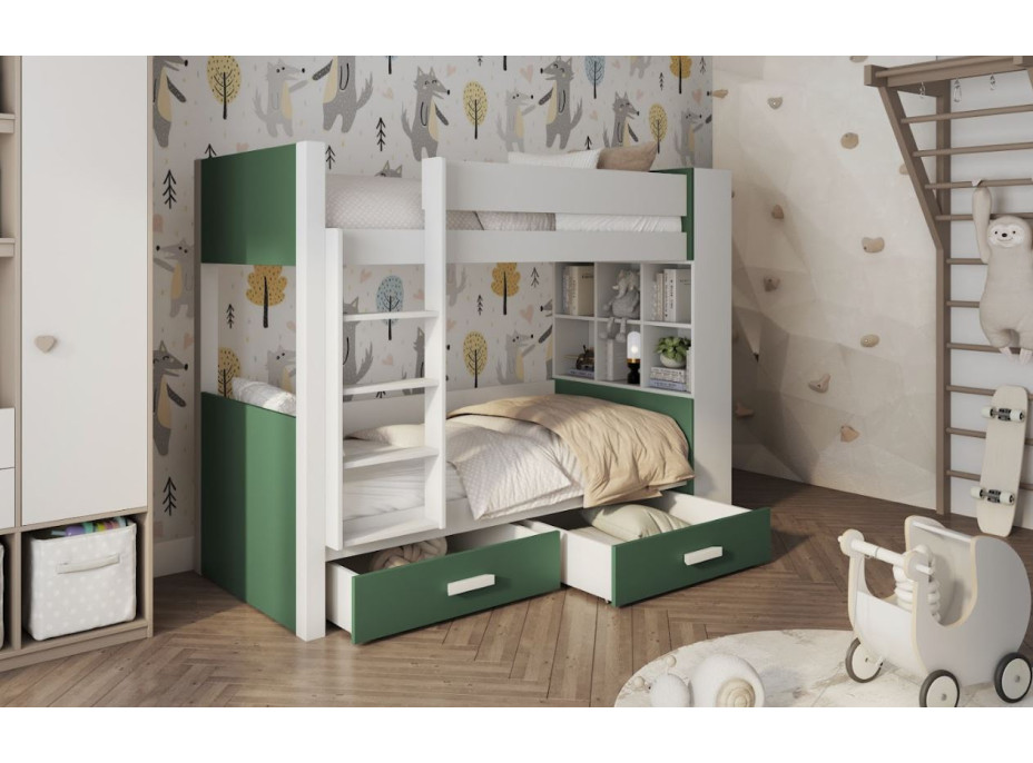Dětská patrová postel z masivu borovice GASPAR se šuplíky a regálem - 200x90 cm - bílá/zelená