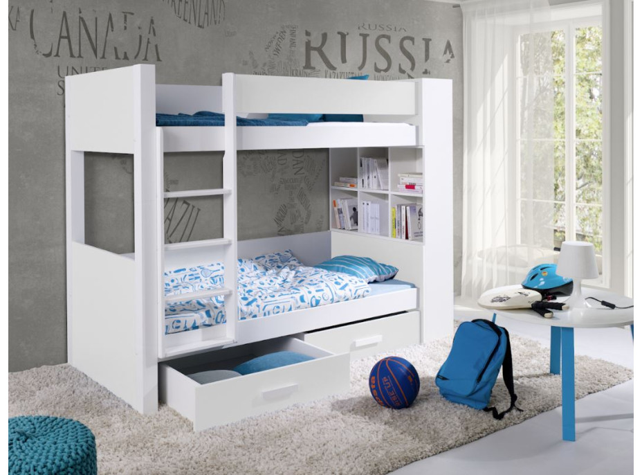 Dětská patrová postel z masivu borovice GASPAR se šuplíky a regálem - 200x90 cm - bílá