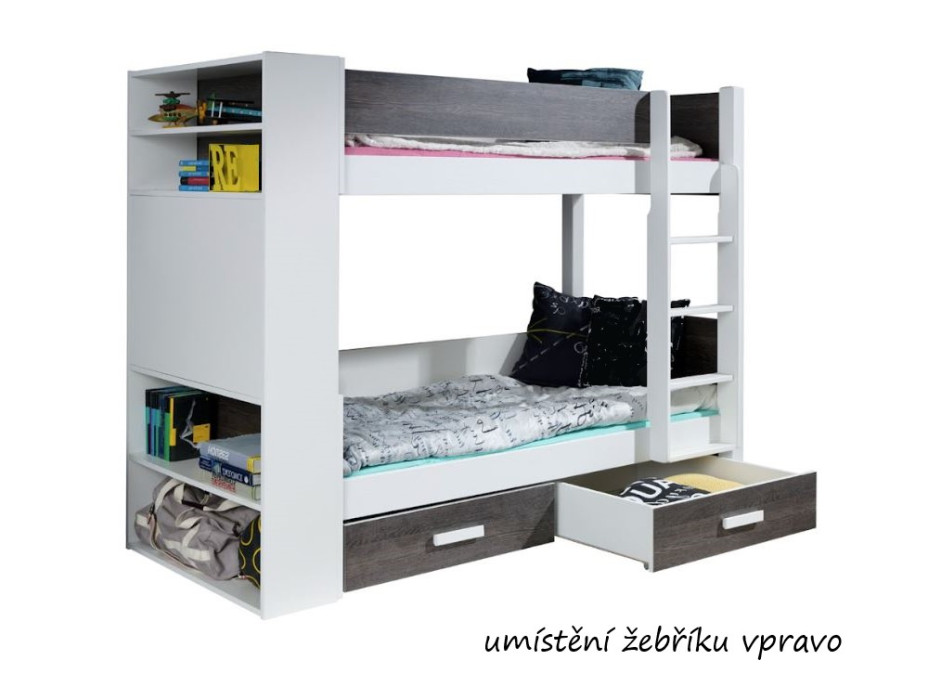Dětská patrová postel z masivu borovice GASPAR se šuplíky a regálem - 200x90 cm - bílá