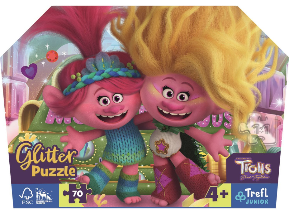 TREFL Třpytivé Glitter puzzle v kufříku Trollové 3, 70 dílků