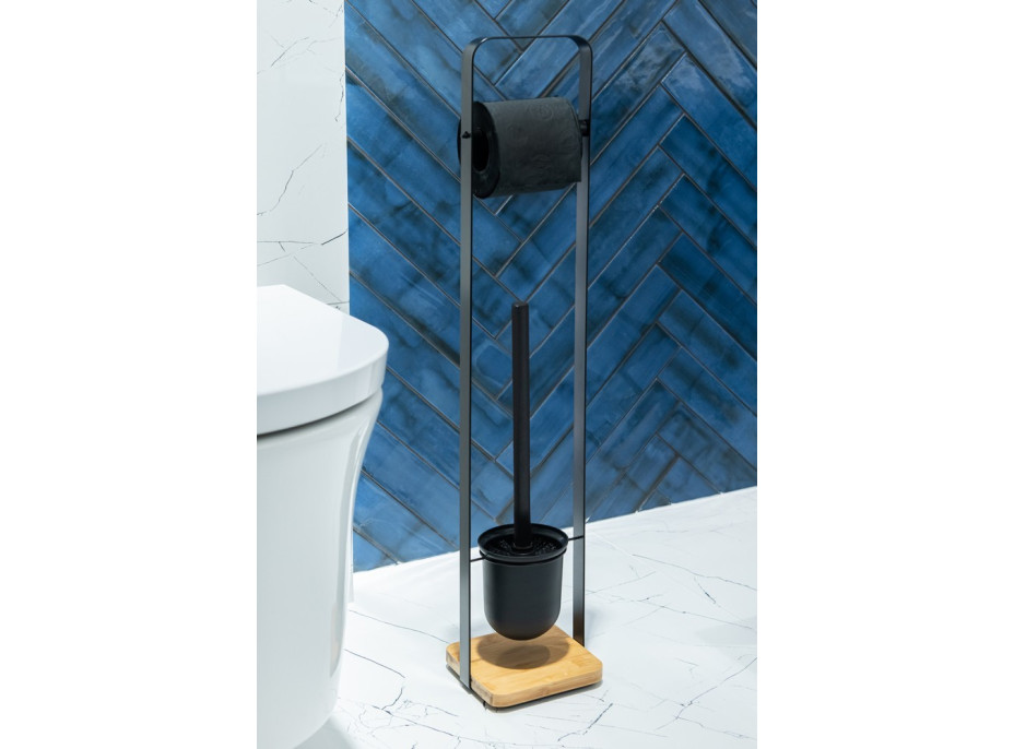 Držák toaletního papíru s WC štětkou - kov/bambus - černý