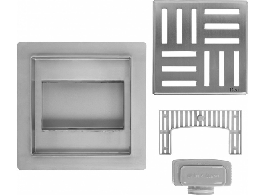 Odtokový sprchový žlab REA CROSS - hranatý - 15x15 cm - broušená ocel