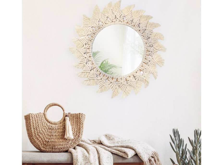 Kulaté zrcadlo s tkaným rámem BOHO shuriken 50 cm - bílé