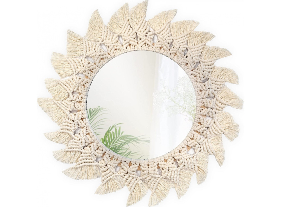 Kulaté zrcadlo s tkaným rámem BOHO shuriken 50 cm - bílé