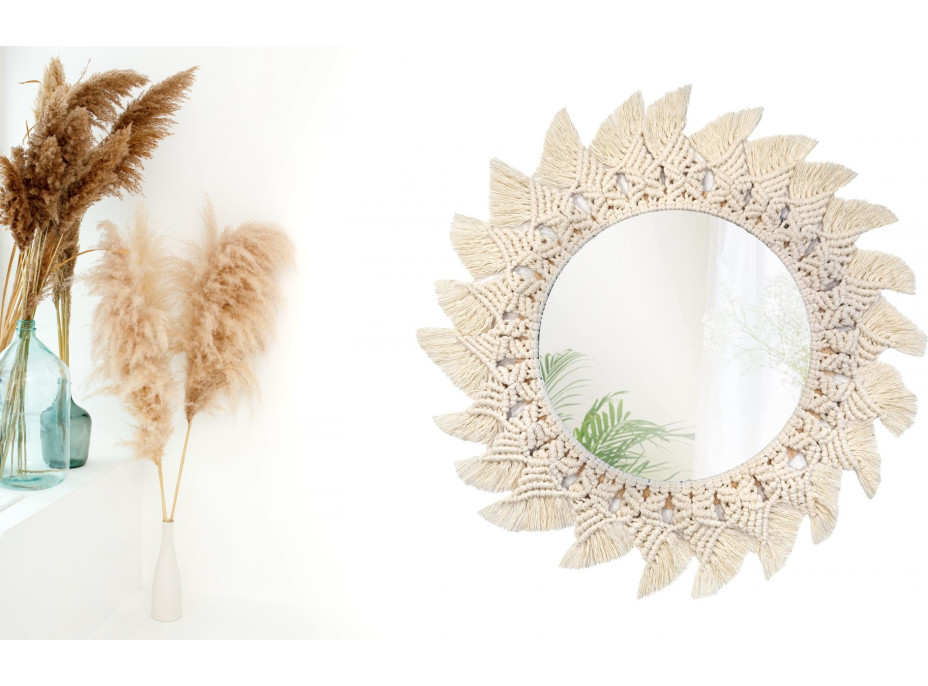 Kulaté zrcadlo s tkaným rámem BOHO shuriken 50 cm - bílé