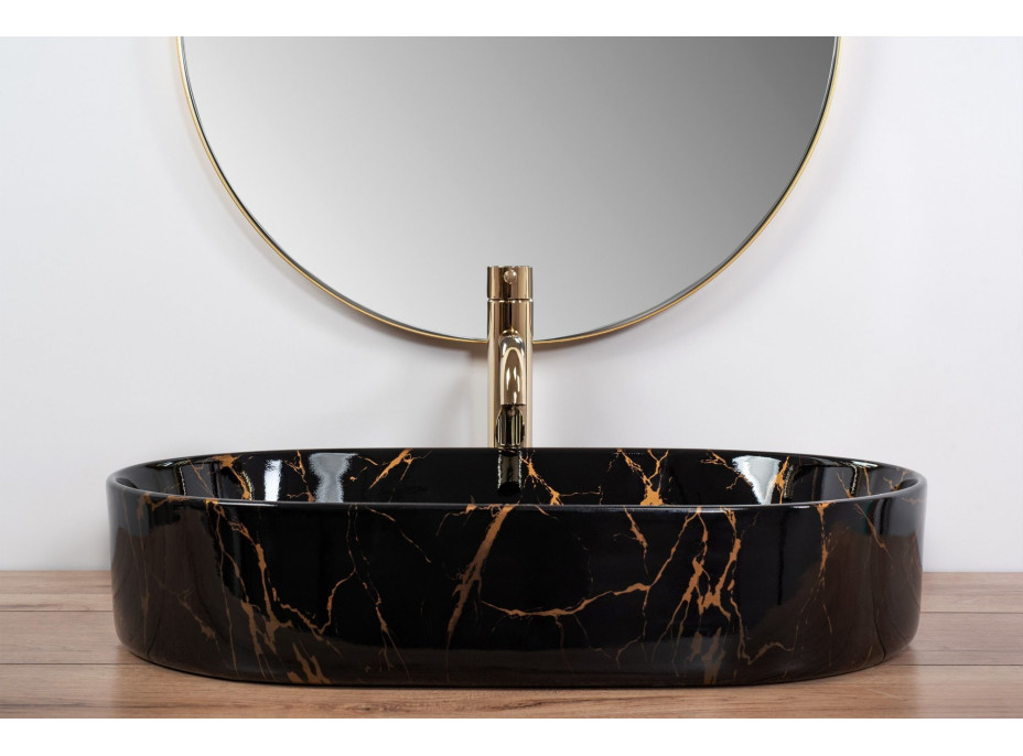 Keramické umyvadlo Rea NADIA 61 BLACK MARBLE SHINY - dekor kamene - černé