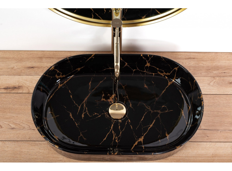 Keramické umyvadlo Rea NADIA 61 BLACK MARBLE SHINY - dekor kamene - černé