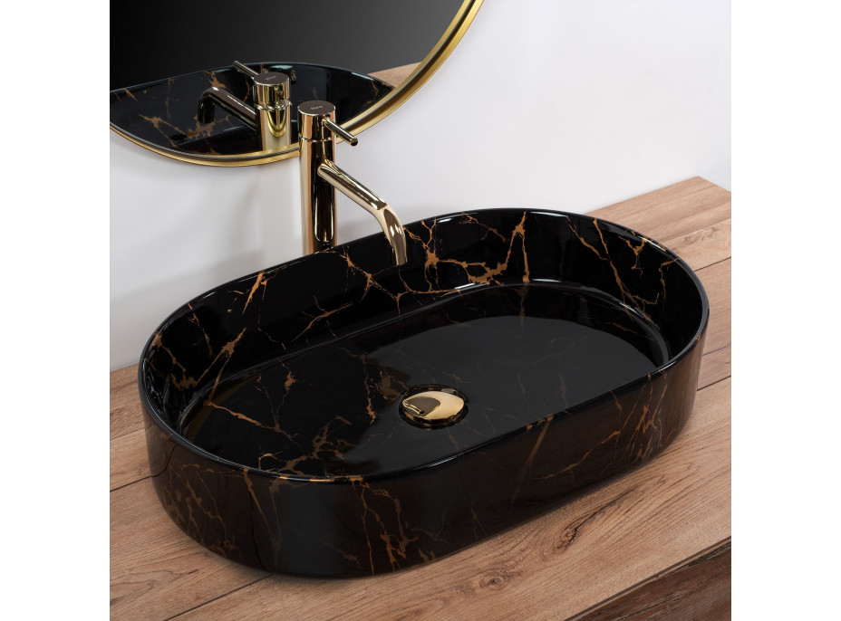 Keramické umyvadlo Rea NADIA 61 BLACK MARBLE SHINY - dekor kamene - černé