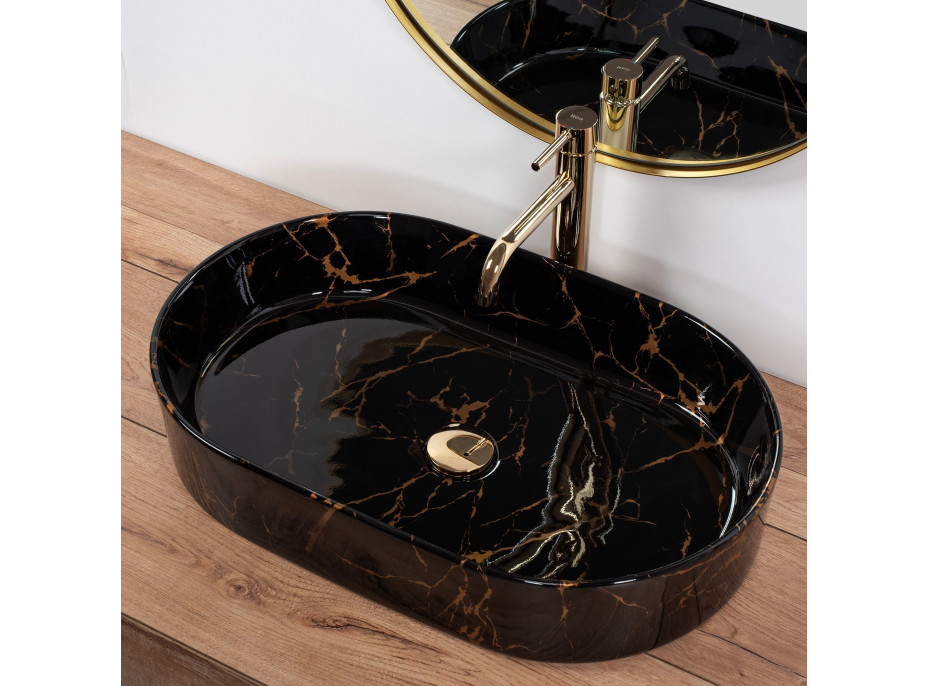 Keramické umyvadlo Rea NADIA 61 BLACK MARBLE SHINY - dekor kamene - černé