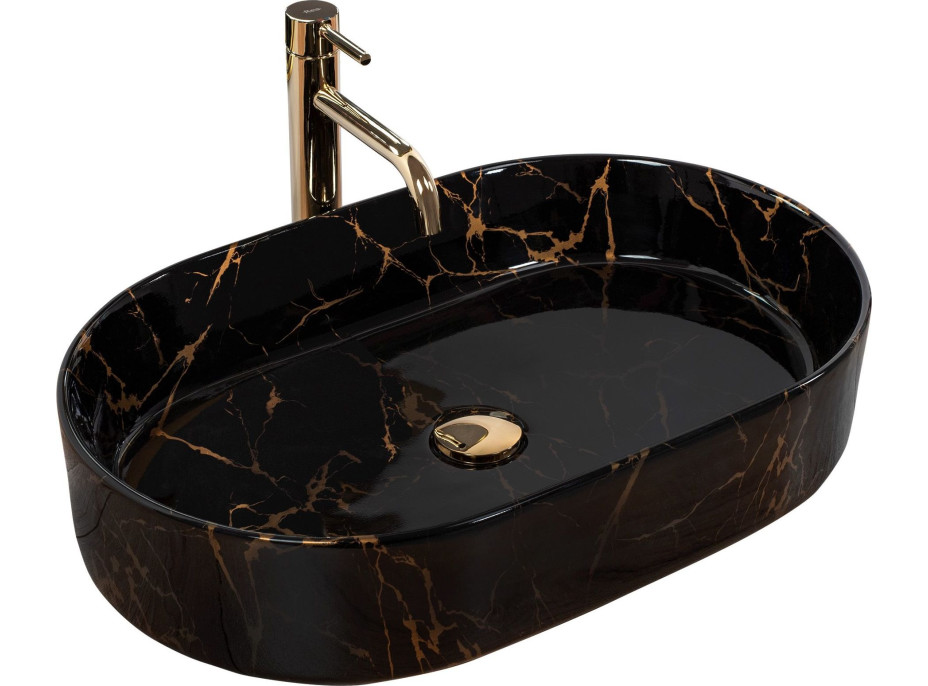 Keramické umyvadlo Rea NADIA 61 BLACK MARBLE SHINY - dekor kamene - černé