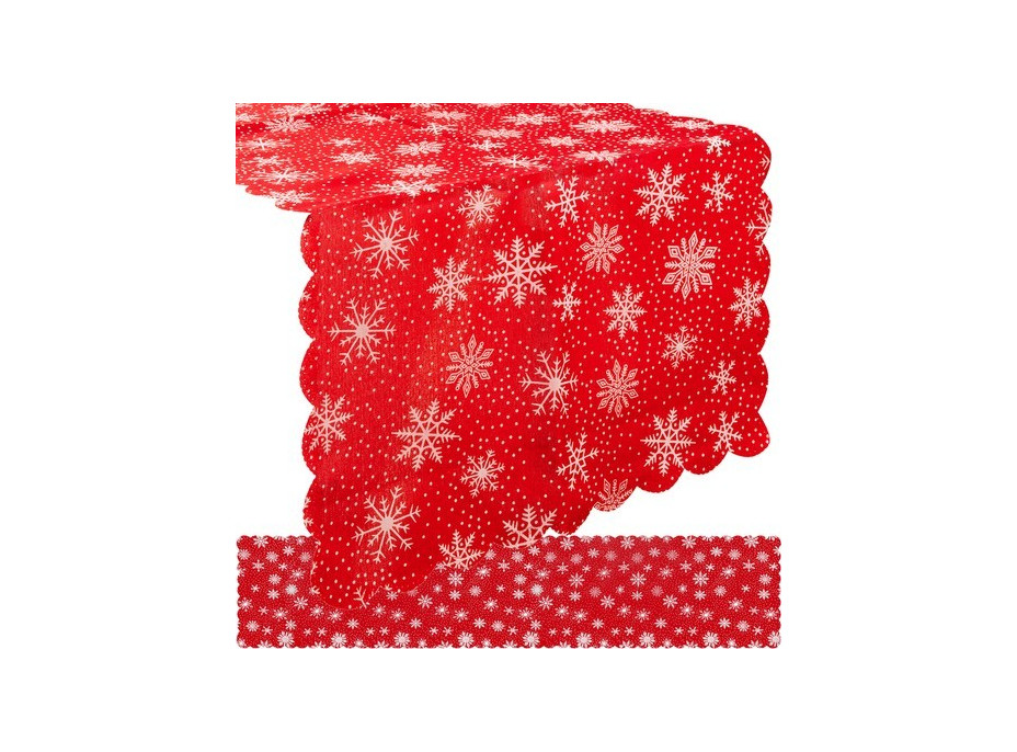 Vánoční běhoun na stůl 180x35 cm - Vločky - červený/stříbrný