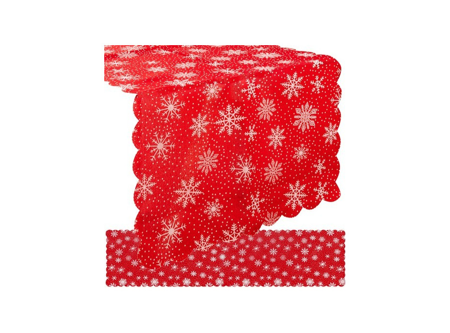 Vánoční běhoun na stůl 150x35 cm - Vločky - červený/stříbrný