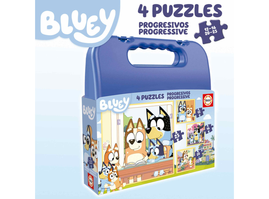 EDUCA Puzzle v kufříku Bluey 4v1 (12,16,20,25 dílků)