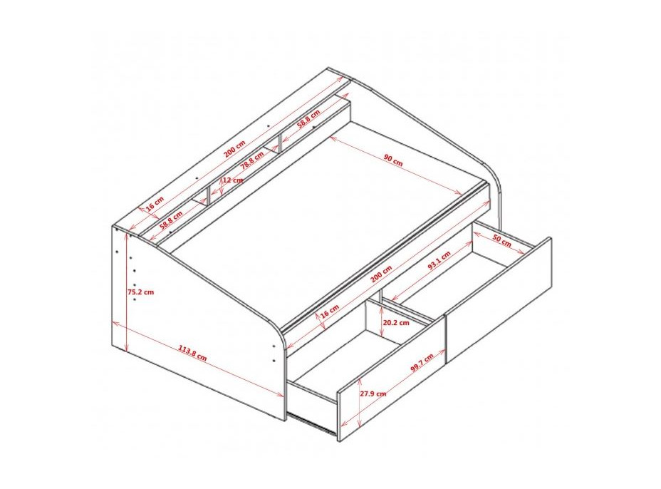 Dětská postel s policemi a šuplíky VINTAGE 200x90 cm