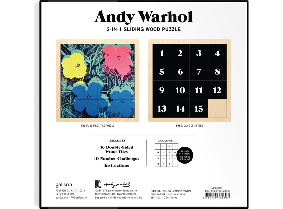 GALISON Posuvné dřevěné puzzle Andy Warhol: Květiny 2v1 (16 dílků)