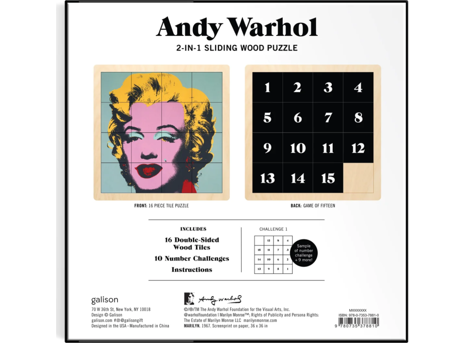 GALISON Posuvné dřevěné puzzle Andy Warhol: Marilyn 2v1 (16 dílků)