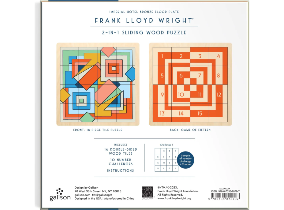 GALISON Posuvné dřevěné puzzle Frank Lloyd Wright: Imperial Hotel 2v1 (16 dílků)