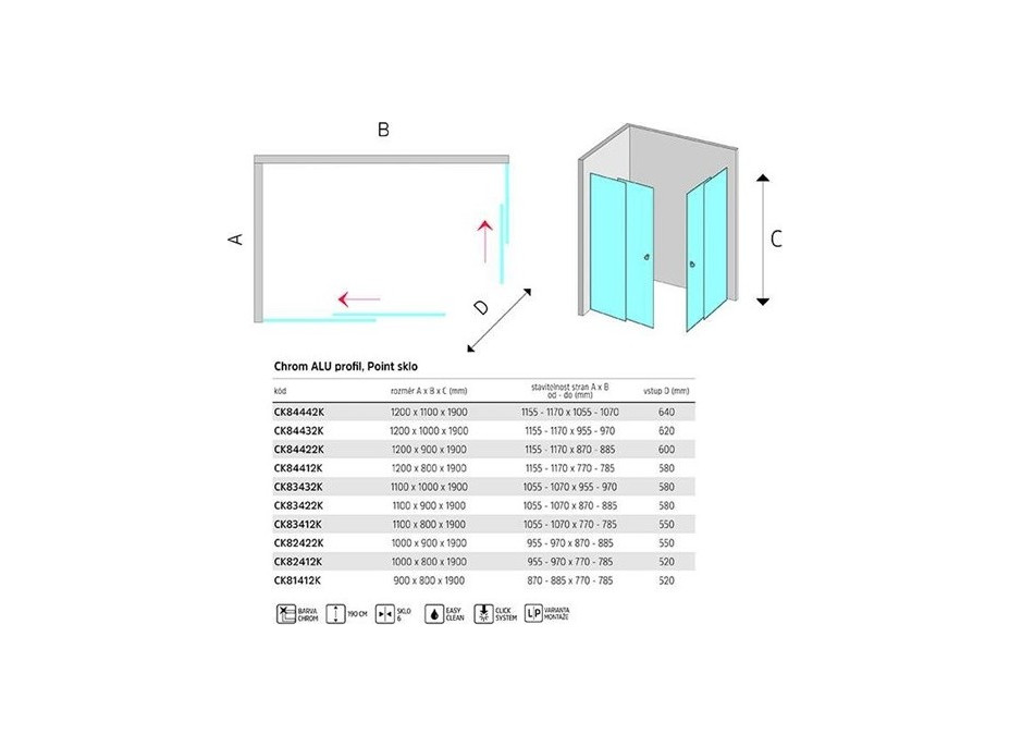Sprchový kout LIMA - obdélník - chrom/sklo Point - posuvné dveře - rohový vstup