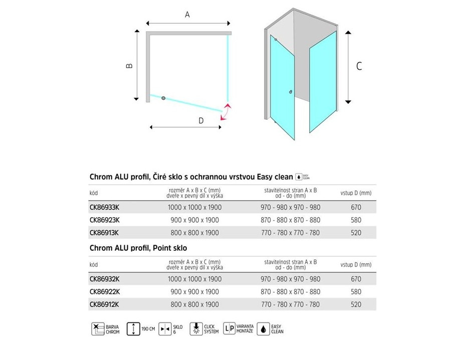 Sprchový kout LIMA - čtverec - chrom/sklo Čiré - křídlové dveře
