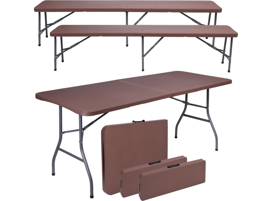 Set cateringového nábytku RATTAN - stůl 180 cm + 2 lavice - hnědý