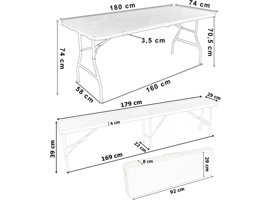 Set cateringového nábytku RATTAN - stůl 180 cm + 2 lavice - hnědý