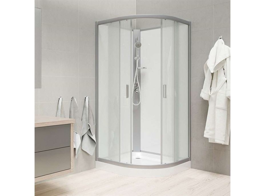Sprchový box bez stříšky s vaničkou SMC - čtvrtkruh - satin ALU/sklo Point - bílé stěny
