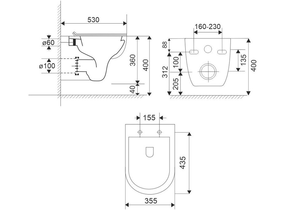 Závěsné RIMLESS WC - 53x35,5x36 cm + duroplast sedátko SLIM