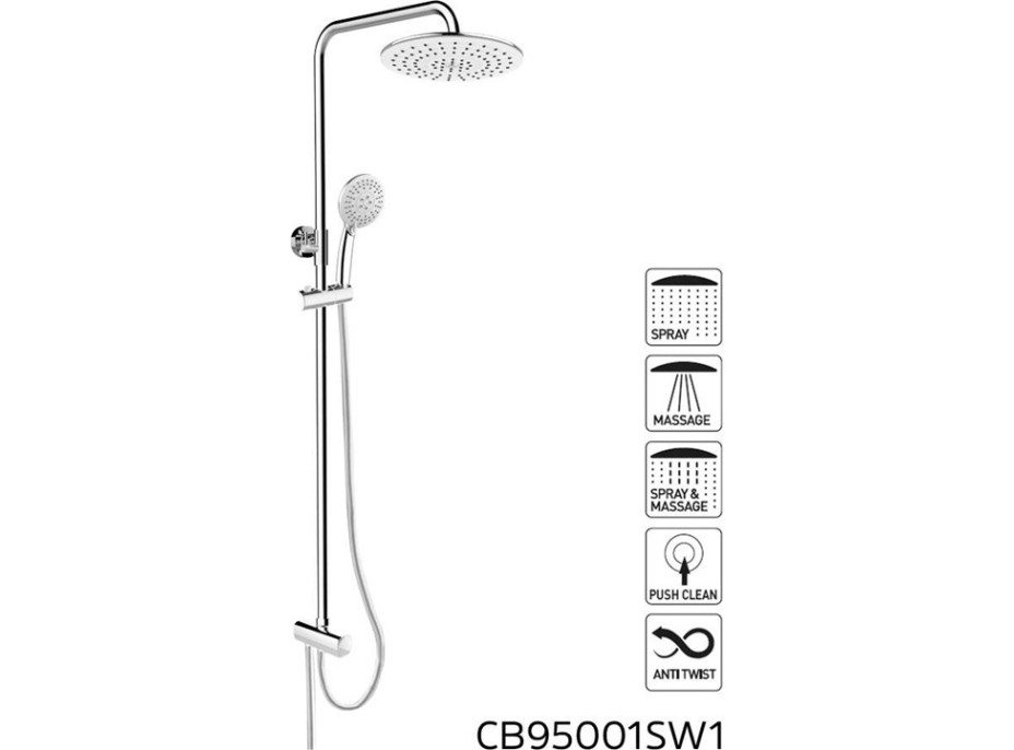 Sprchová tyč s přepínačem, ruční a kulatou dešťovou sprchou - nerez