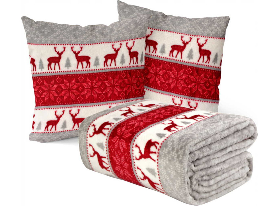 Vánoční deka 130x170 cm + 2 ks povlaků na polštář SCANDI DEER - šedá/bílá/červená