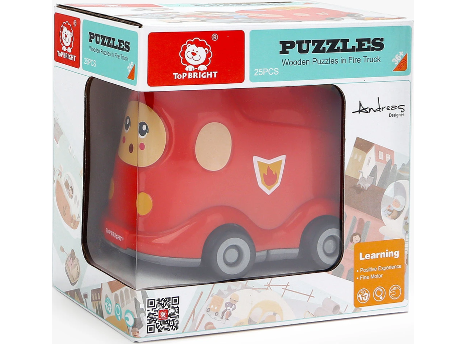 TOP BRIGHT Dřevěné puzzle s hračkou: Hasičské auto 24 dílků
