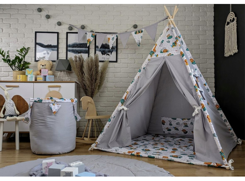 Dětský stan TEEPEE (TÝPÍ) ANIMALS s doplňky - JUNGLE - šedý